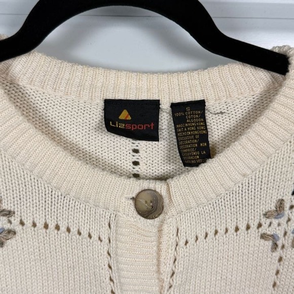 Lizsport Vintage Floral Embroidered Pointelle Cotton Cardigan Sweater Cream - Picture 2 of 4